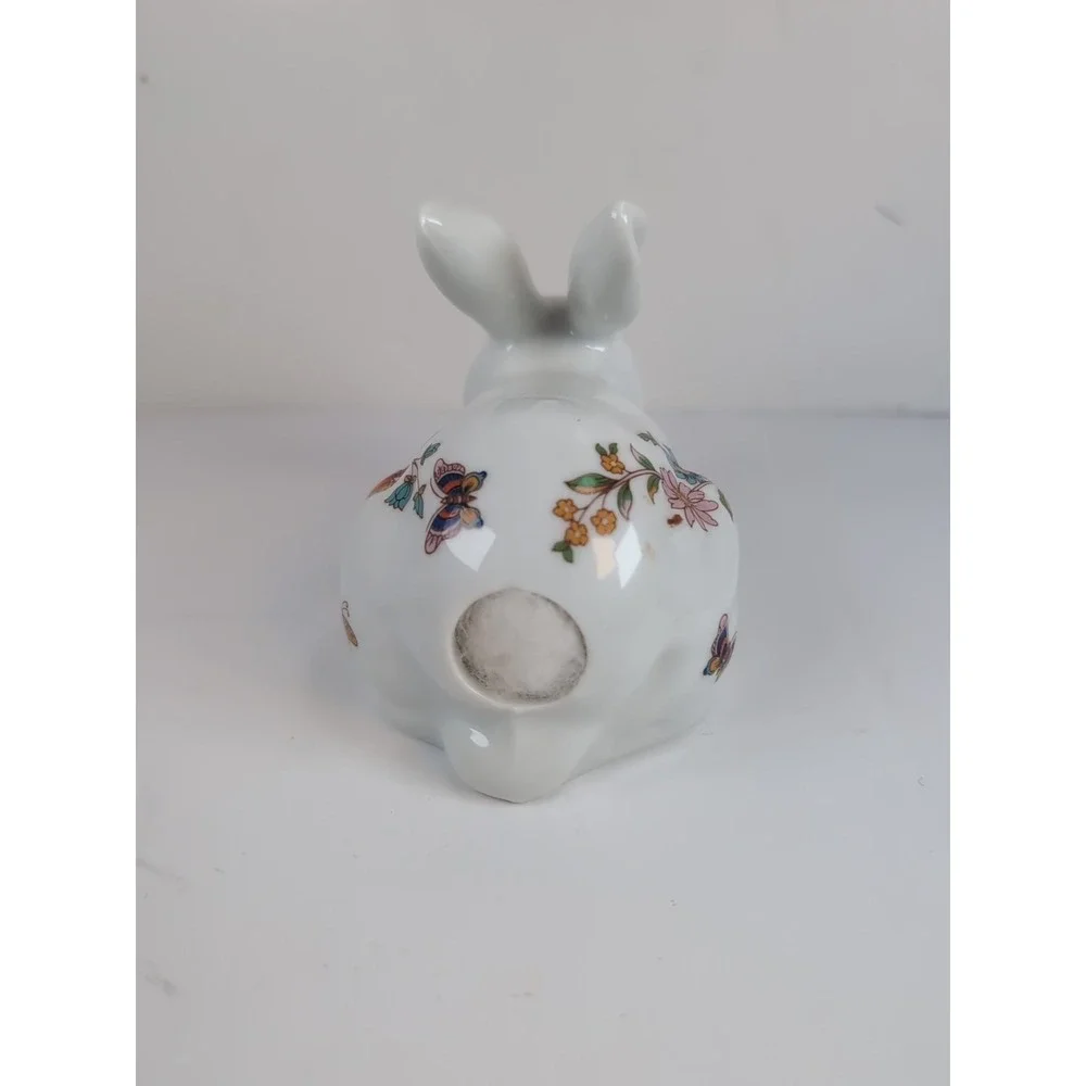 Trina Ceramic Bunny Cotton Ball Dispenser, Glazed W/Butterflies & Flowers Vintag
